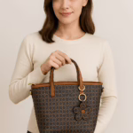 Brown Monogram Handbag for Women – Cute & Classy with Flower Charm (10″ x 9″)