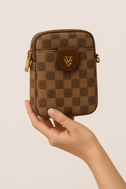 Mini Monogram Phone Sling Bag – Brown & Gold Crossbody (6" x 7.5") - Image 3