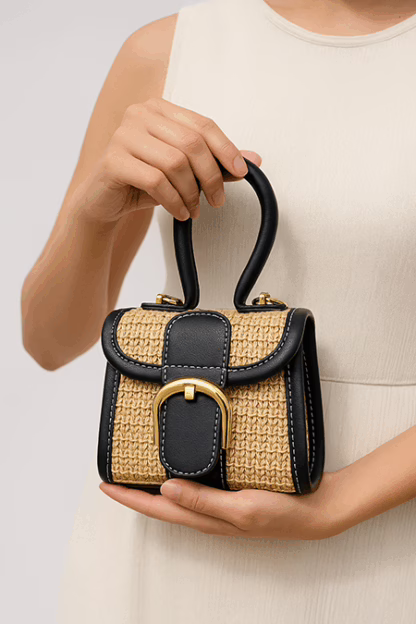 Mini Woven Top Handle Bag – Cute & Compact with Black Trim (5.5" x 5.5") - Image 7