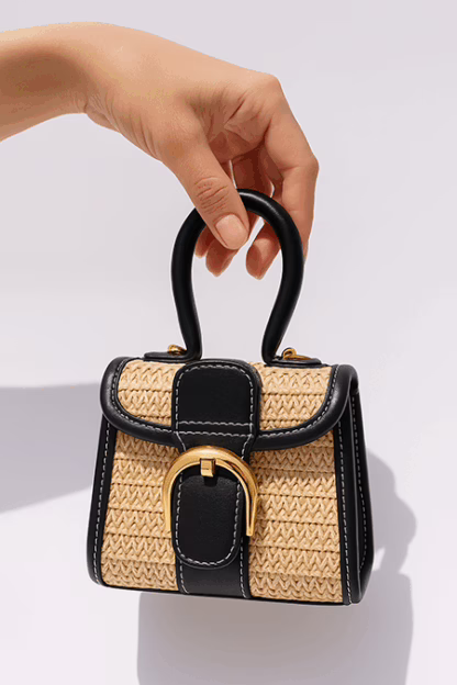 Mini Woven Top Handle Bag – Cute & Compact with Black Trim (5.5" x 5.5")
