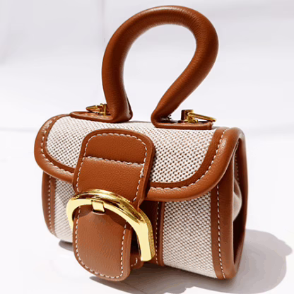 Mini Woven Top Handle Bag – Cute & Compact with Brown Trim (5.5" x 5.5") - Image 3